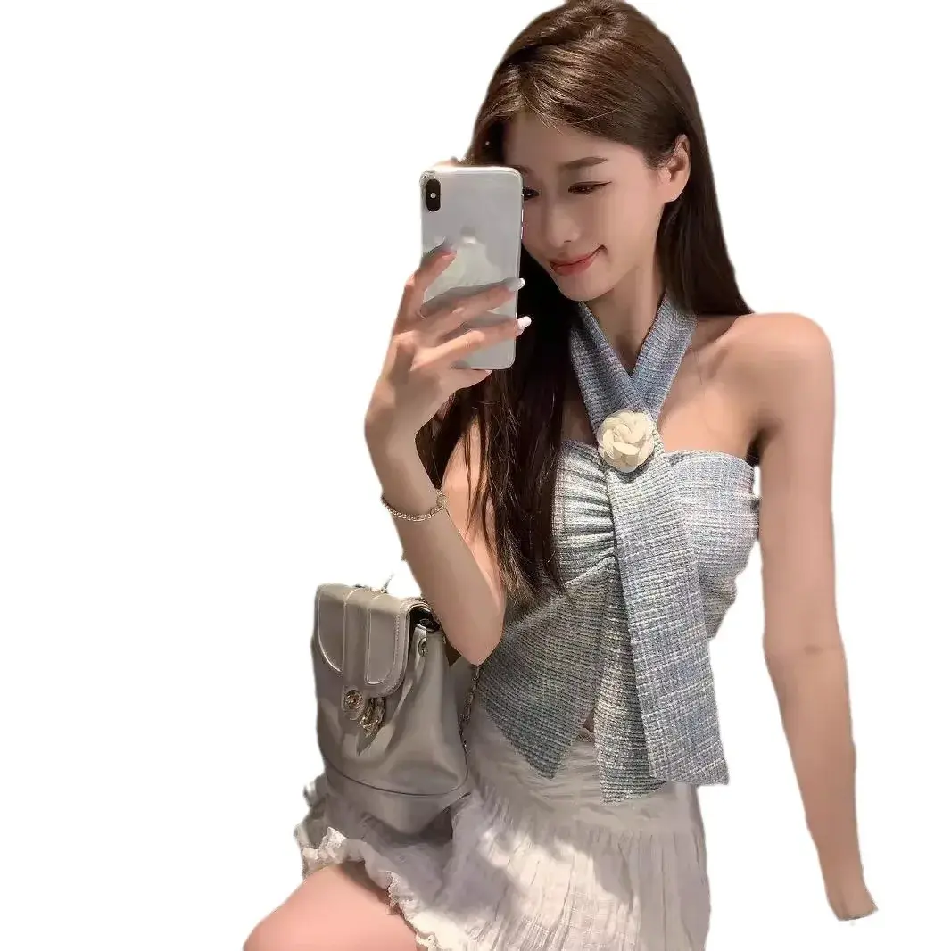 Tweed Style 3D Floral Halter Neck Knitted Tank Top Women's Summer New Style Spicy Girl Slims Smooths Your Silhouette Cropped No