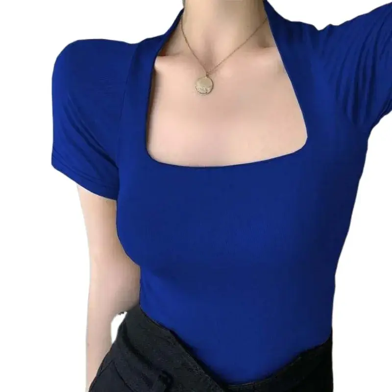 Klain Blue Square Collar Short Sleeves T-Shirt Women's Summer Tight Fit Large Neckline Off The Shoulder French Vintage Sexy Half