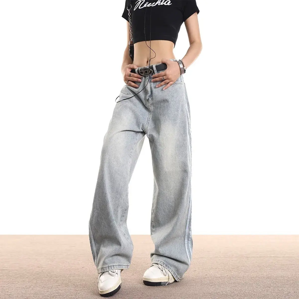 Vintage Striped Jeans Women's Loose-Fit American Style Spring Autumn New Straight-Leg Long Pants Trendy Brand Casual Wear