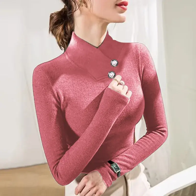 Plus Size Women's Long Sleeve Fleece Lined Thickened Button up Thermal Shirt V Neck T-Shirt Fashionable Autumn Winter New Arriva