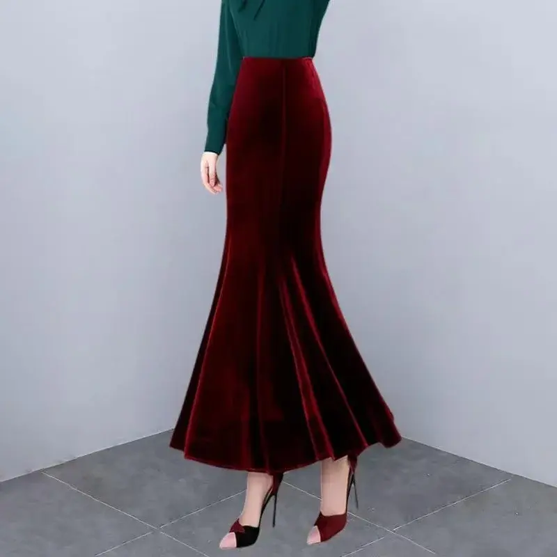 High Waist Velvet Fleece Lined Long Fish Tail Skirt for Women plus Size Wrap around Autumn Winter New Style Elegant Skirt