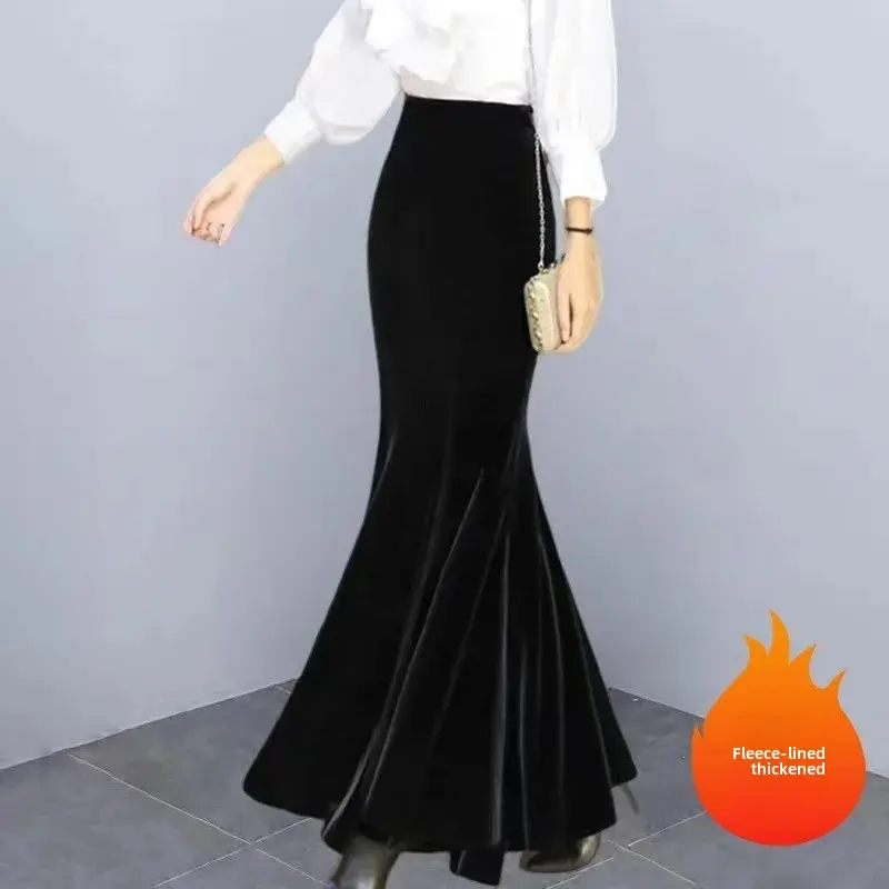 High Waist Velvet Fleece Lined Long Fish Tail Skirt for Women plus Size Wrap around Autumn Winter New Style Elegant Skirt