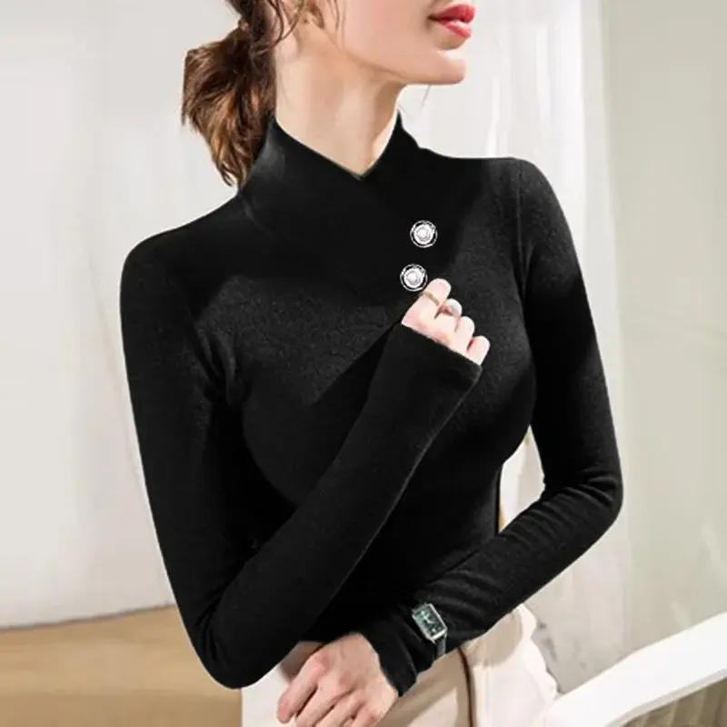 Plus Size Women's Long Sleeve Fleece Lined Thickened Button up Thermal Shirt V Neck T-Shirt Fashionable Autumn Winter New Arriva