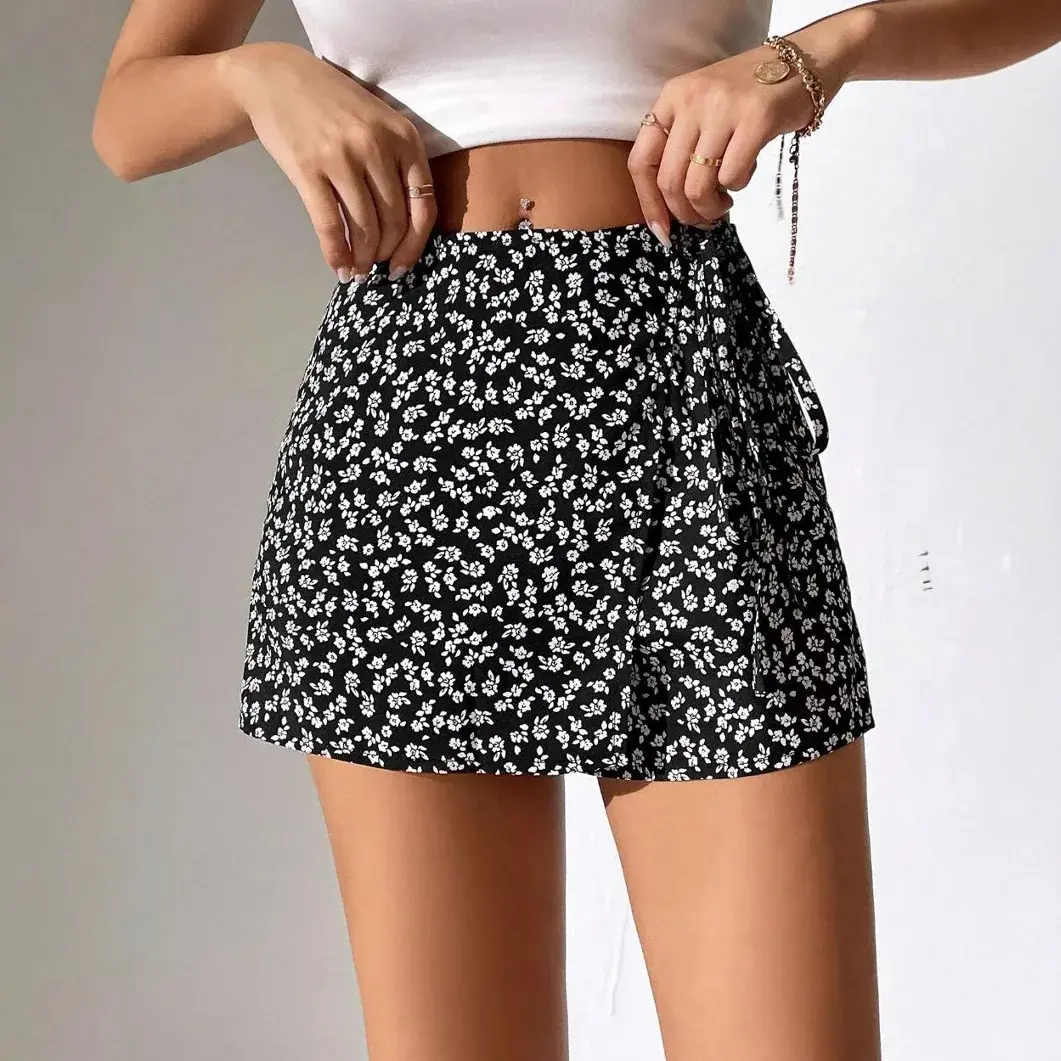 Haizhiyin 2025 New Floral Print Side Knot Wrap Mini Skirt Women's Short Pants Cross-Border Fashionable Mini Dress