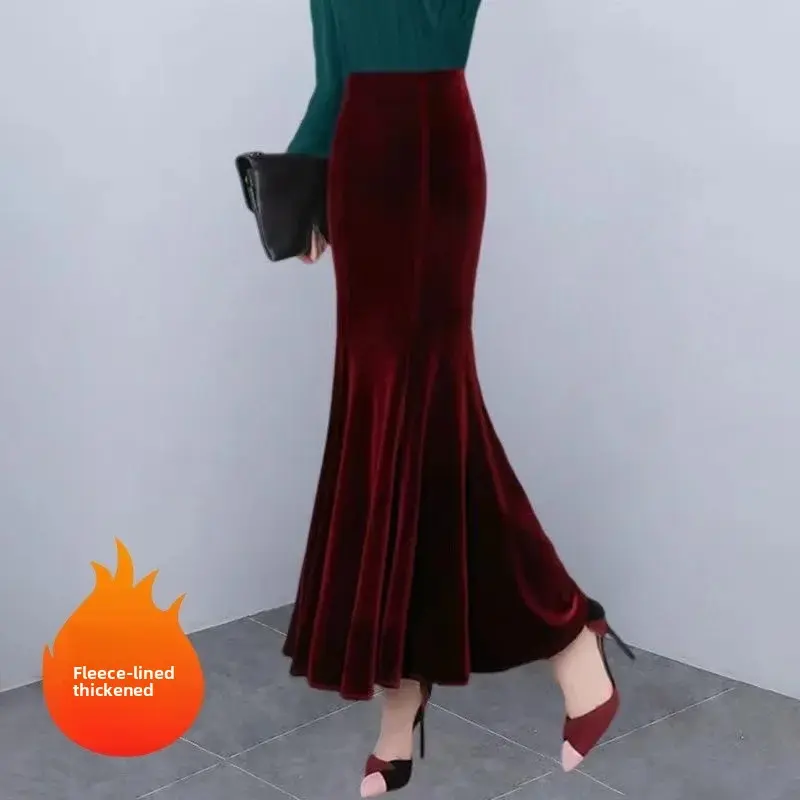 High Waist Velvet Fleece Lined Long Fish Tail Skirt for Women plus Size Wrap around Autumn Winter New Style Elegant Skirt