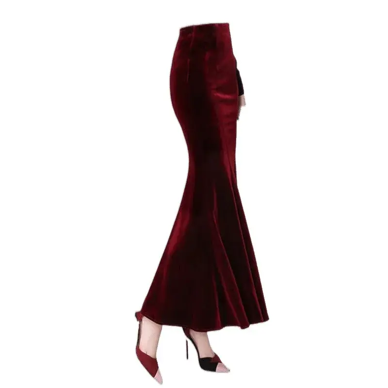 High Waist Velvet Fleece Lined Long Fish Tail Skirt for Women plus Size Wrap around Autumn Winter New Style Elegant Skirt