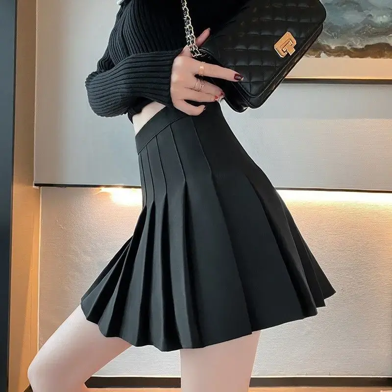 Black Pleated Mini Skirt Women's High Waist Summer Autumn Winter New Style Midi A- Line Skirts College Style plus Size