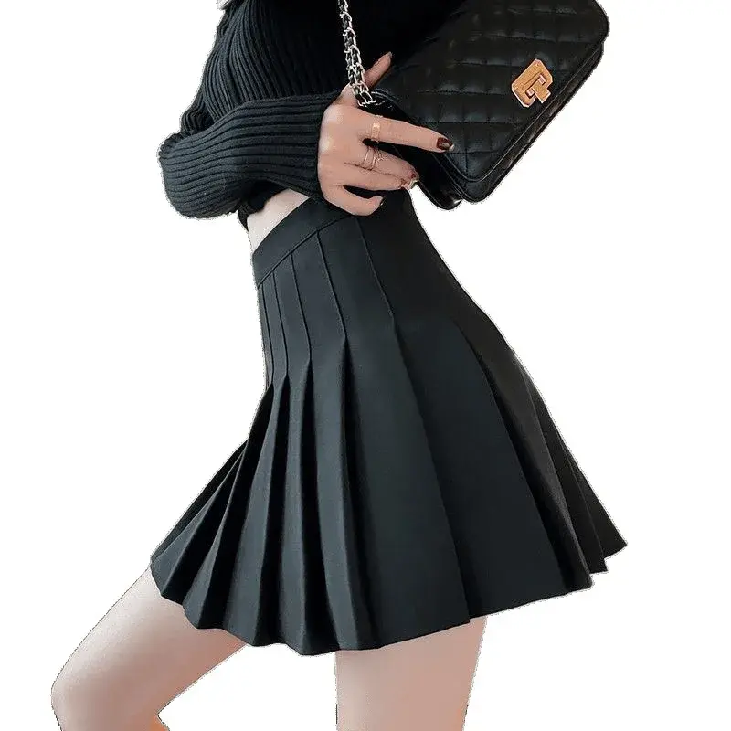 Black Pleated Mini Skirt Women's High Waist Summer Autumn Winter New Style Midi A- Line Skirts College Style plus Size