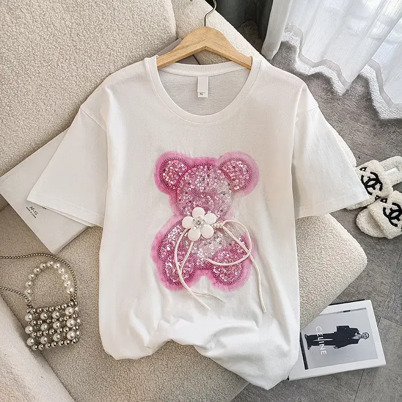Trendy Embroidered Round Neck Women's T-Shirt Summer 2024 New Plus Size Short Sleeve Casual Wear Cross Border Style