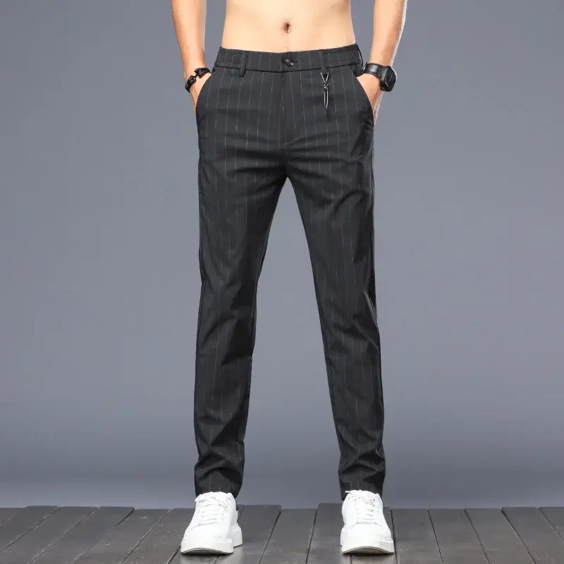 Summer Thin Ice Silk Vertical Stripe Casual Trousers Youth Fashionable British Style Vertical Stripe Printing Men's Small Trouse