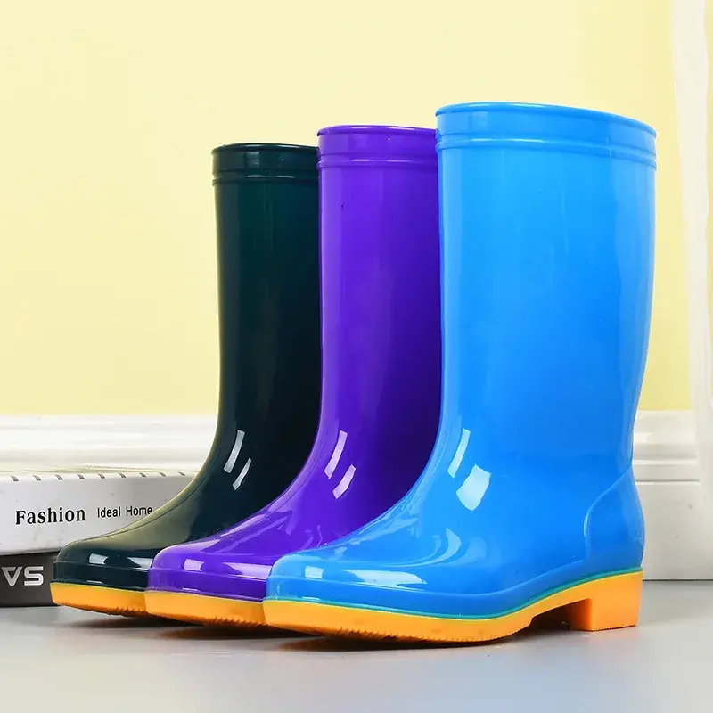 Women's High-Tube Fleece Lined Rain Boots Anti-Slip Wear-Resistant Warm PVC Material Cow Tendon Bottom Labor Protection Shoes