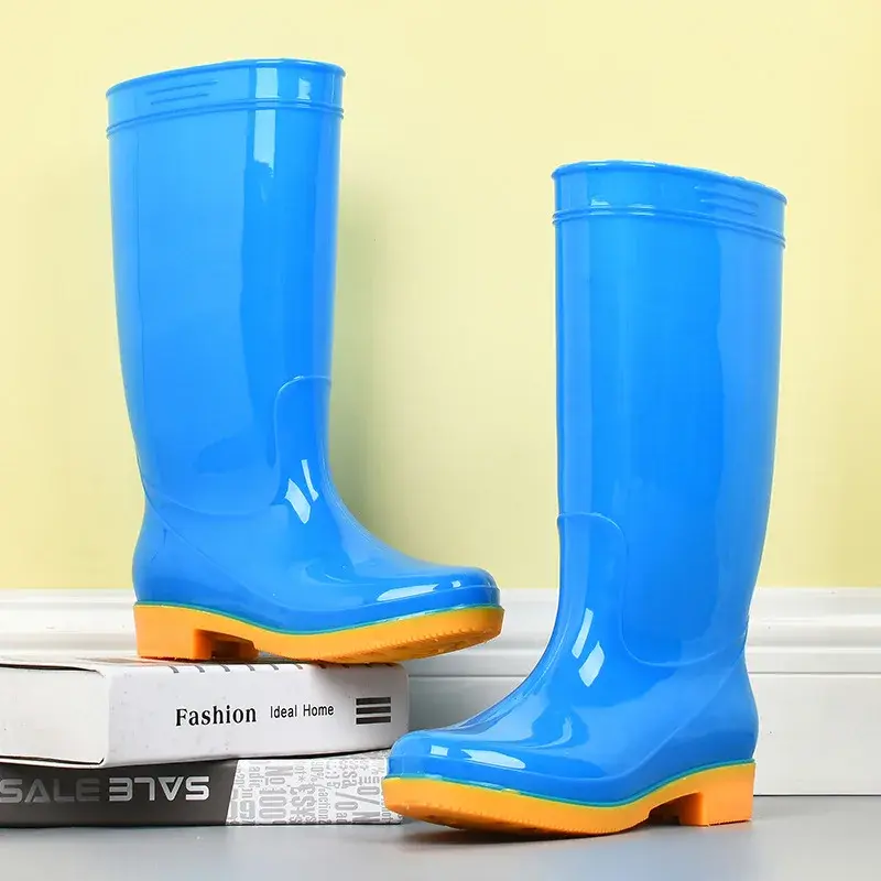 Women's High-Tube Fleece Lined Rain Boots Anti-Slip Wear-Resistant Warm PVC Material Cow Tendon Bottom Labor Protection Shoes