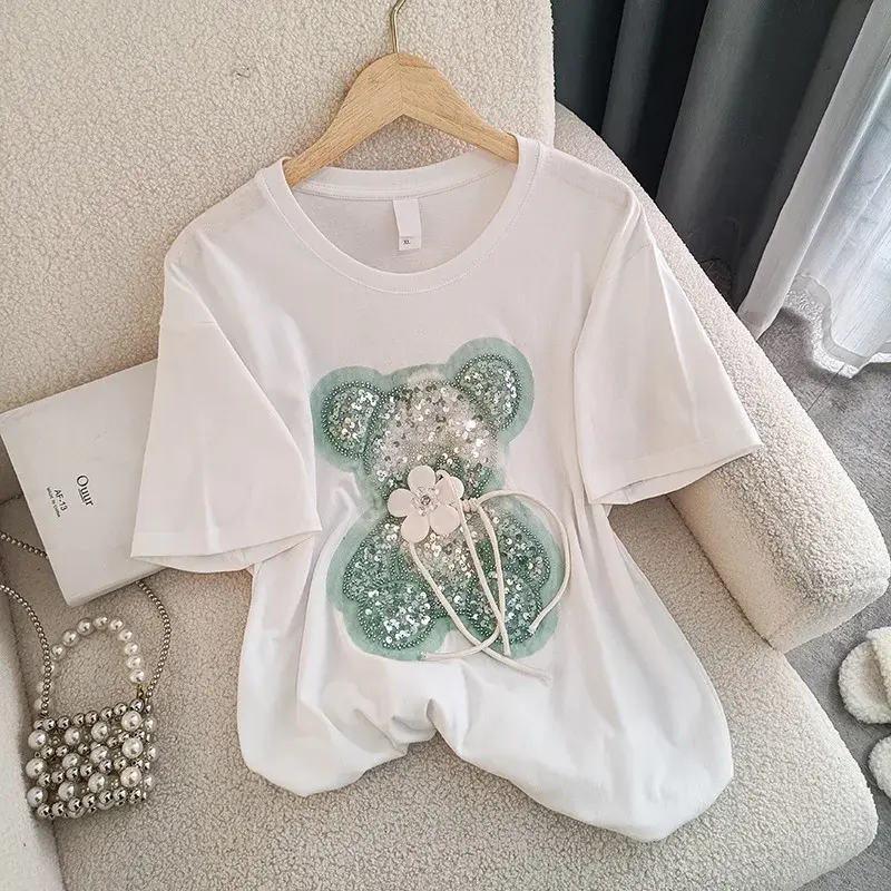 Trendy Embroidered Round Neck Women's T-Shirt Summer 2024 New Plus Size Short Sleeve Casual Wear Cross Border Style