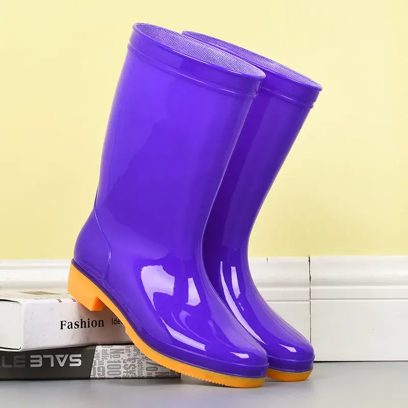Women's High-Tube Fleece Lined Rain Boots Anti-Slip Wear-Resistant Warm PVC Material Cow Tendon Bottom Labor Protection Shoes