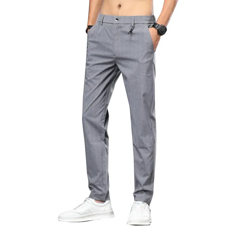 Summer Thin Ice Silk Vertical Stripe Casual Trousers Youth Fashionable British Style Vertical Stripe Printing Men's Small Trouse