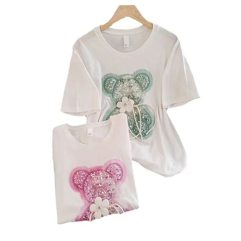 Trendy Embroidered Round Neck Women's T-Shirt Summer 2024 New Plus Size Short Sleeve Casual Wear Cross Border Style