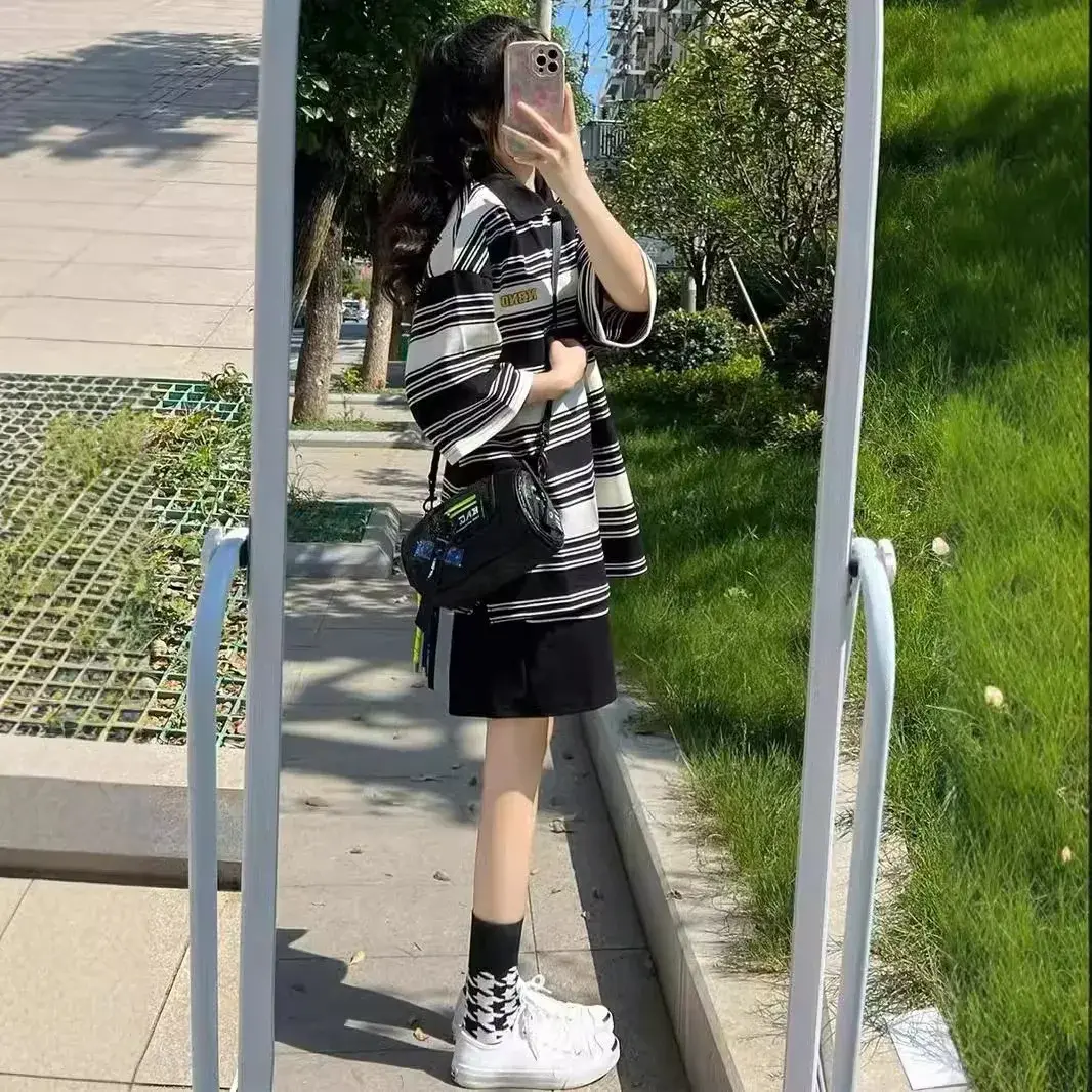Summer Stripe Sports Set Women Loose Fashionable Youthful Polo Short Sleeve Shorts Casual Two Piece Set Korean Style