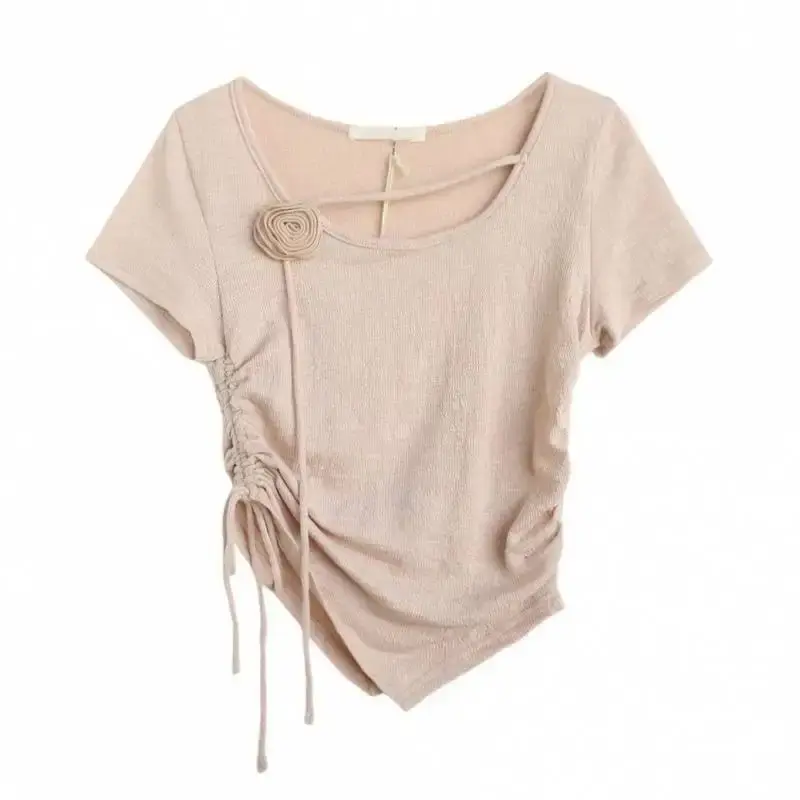 French Pure Desire Summer New Short Sleeve Drawstring Pleated Rose Flower Design Top Women's T-shirt Crew Neck Casual Fashion