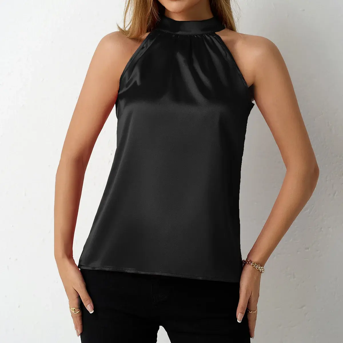 Summer New Style Women's Satin Vest Shoulder Exposure Sleeveless Colorful Polyester Fiber Top Cross-Border Fashion