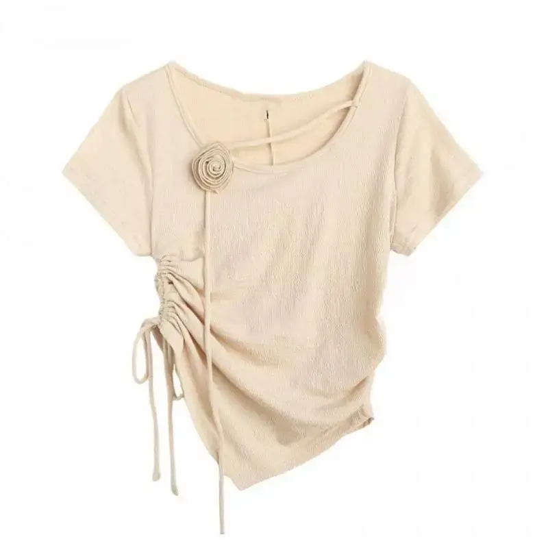 French Pure Desire Summer New Short Sleeve Drawstring Pleated Rose Flower Design Top Women's T-shirt Crew Neck Casual Fashion