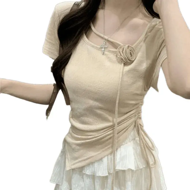 French Pure Desire Summer New Short Sleeve Drawstring Pleated Rose Flower Design Top Women's T-shirt Crew Neck Casual Fashion