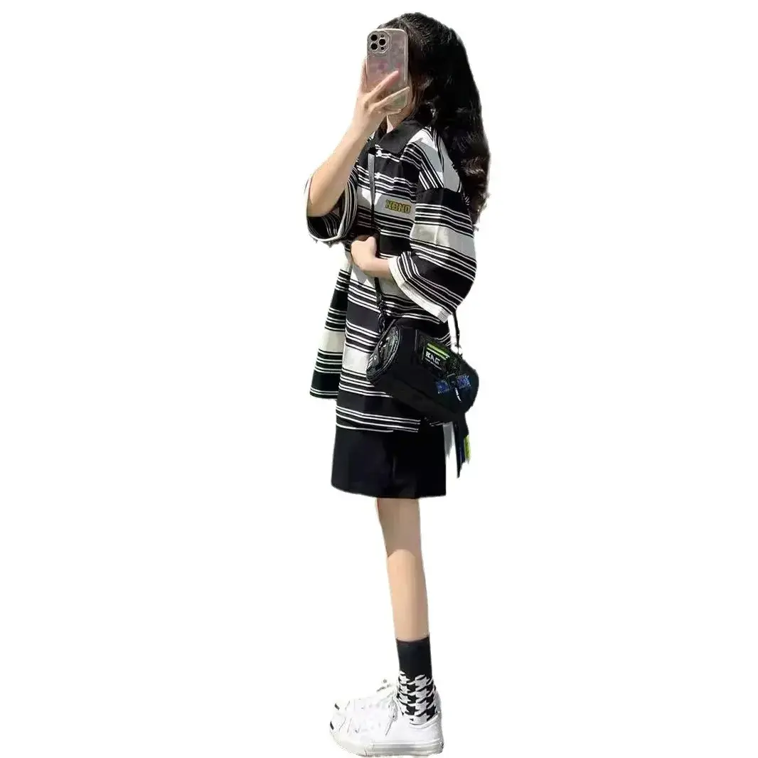 Summer Stripe Sports Set Women Loose Fashionable Youthful Polo Short Sleeve Shorts Casual Two Piece Set Korean Style
