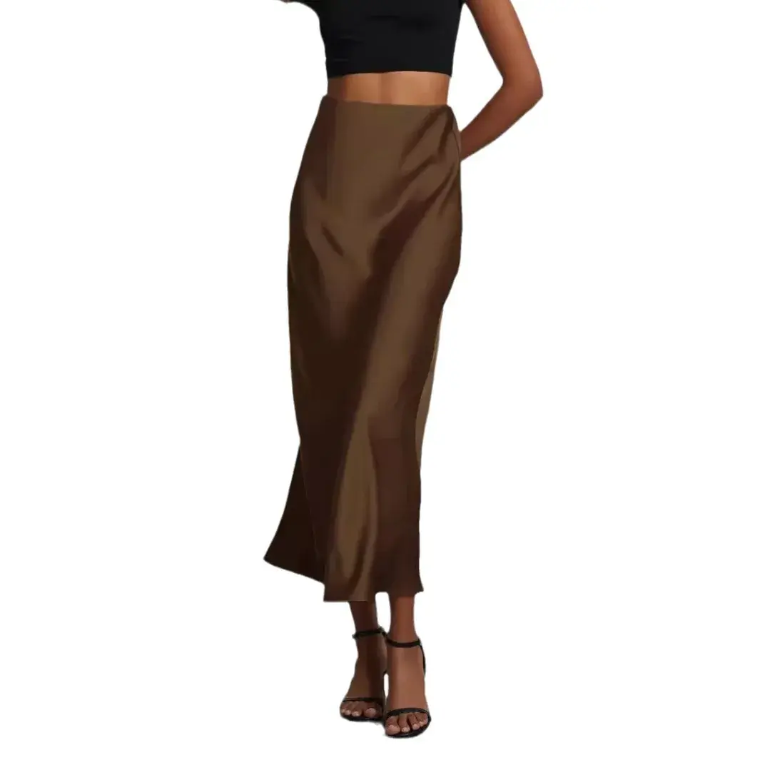 Elegant Fashionable European Style Women's Midi Skirt With Satin Texture Versatile Solid Color Bright Light Sensation Long Dress