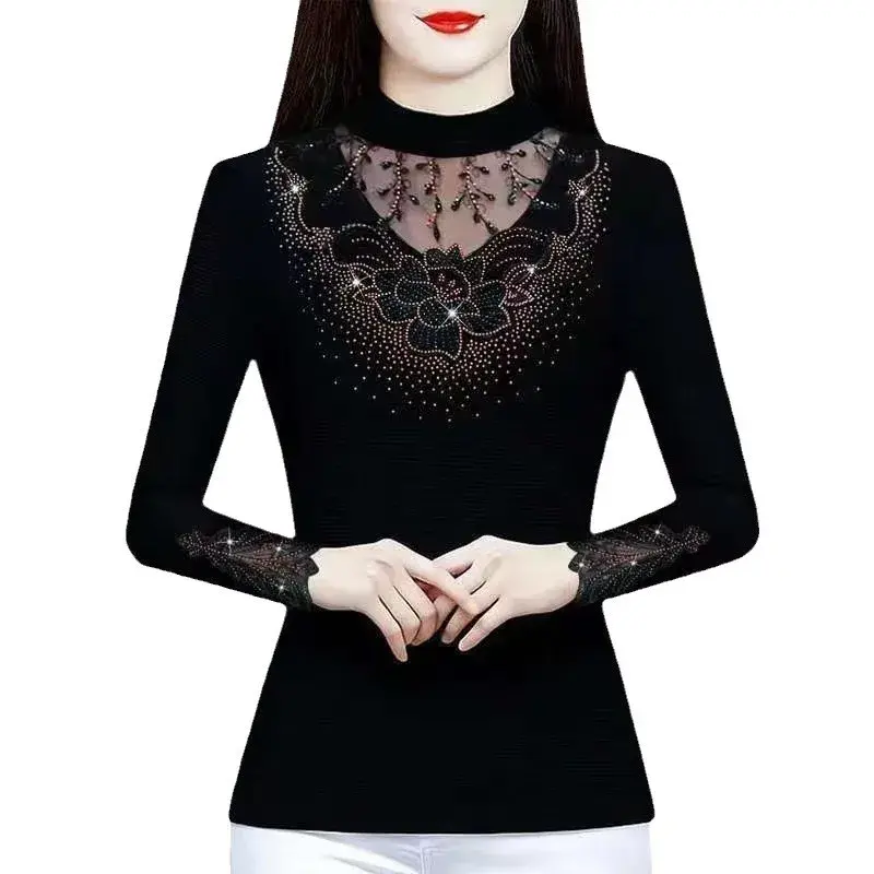 Elegant Black Lace Base Layer Top Women's Autumn/Winter High-End Feel Stylish New Mom Mesh Top Polyester Fiber Full Sleeve