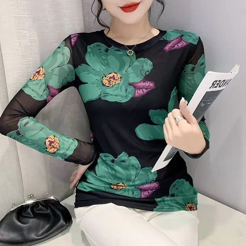 Fashionable Long Sleeve Round Neck Slimming T-Shirt 2025 Spring Eu Clothing Trendy Printed Mesh Positioning Flowers