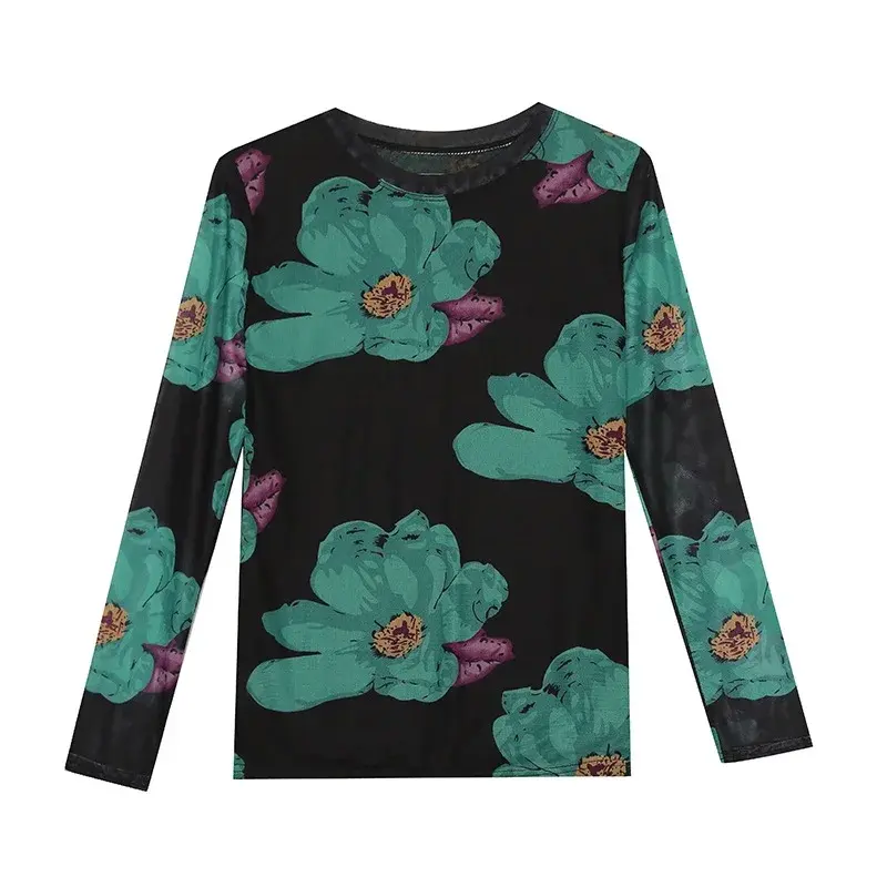 Fashionable Long Sleeve Round Neck Slimming T-Shirt 2025 Spring Eu Clothing Trendy Printed Mesh Positioning Flowers