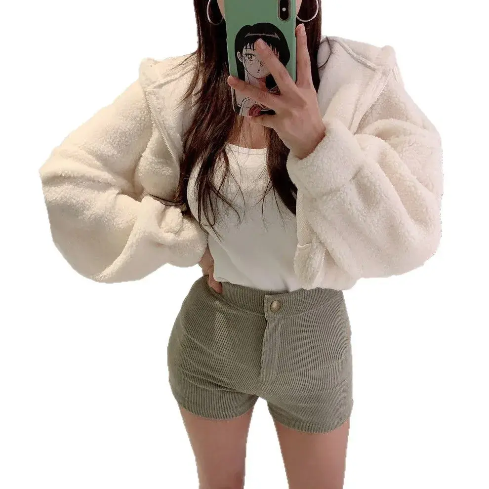Women's Hooded Zipper Cardigan Warm Fleece Korean Fashion Cute Plush Outerwear Winter Thickened Sweatshirt Coat
