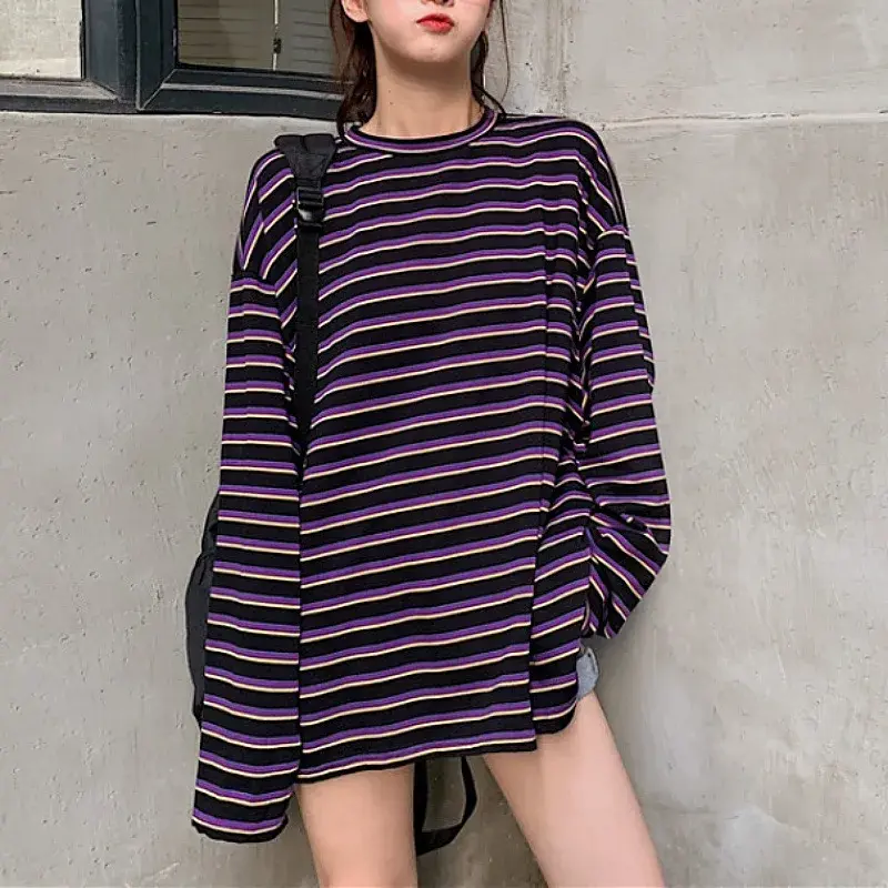 Vintage Striped Casual T-Shirt Women's Loose Fit Long Sleeve Top For Spring Autumn 2025 New Trendy Plus Size Clothing