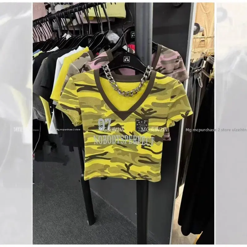 Slim Fit Camouflage V-neck Short Sleeve T-shirt Women's Fashionable Printed Top American Hot Girl Style Summer New Arrival