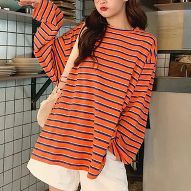 Vintage Striped Casual T-Shirt Women's Loose Fit Long Sleeve Top For Spring Autumn 2025 New Trendy Plus Size Clothing