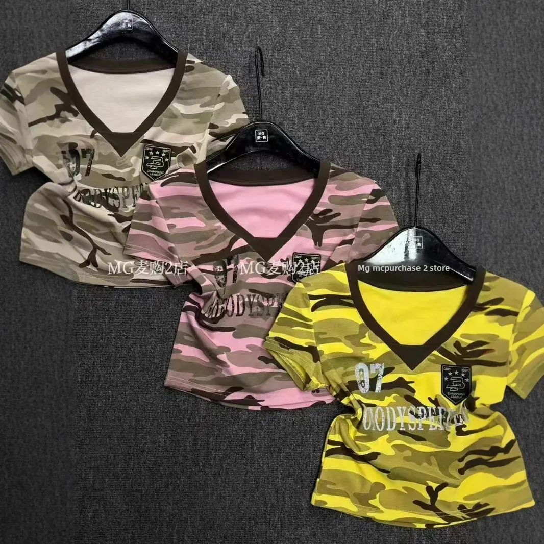 Slim Fit Camouflage V-neck Short Sleeve T-shirt Women's Fashionable Printed Top American Hot Girl Style Summer New Arrival