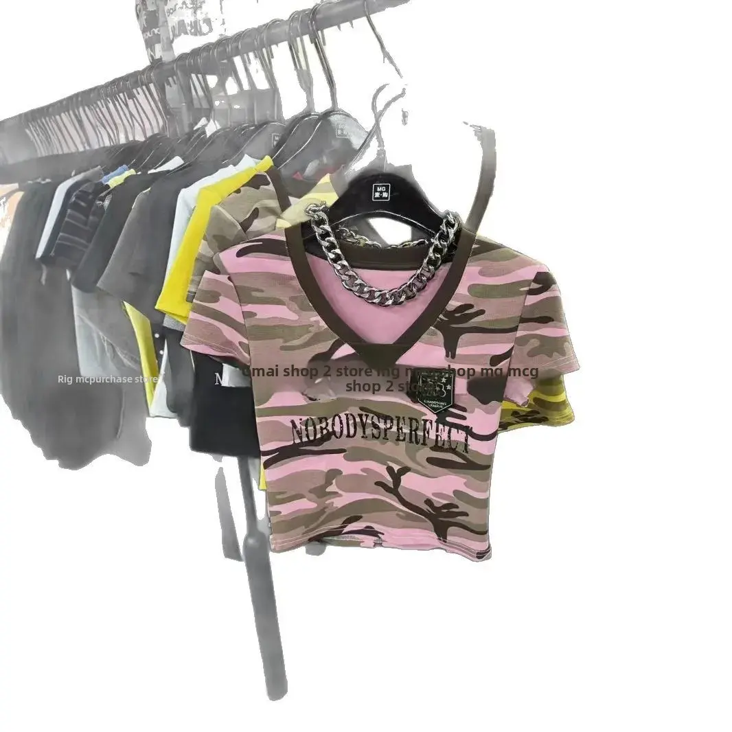 Slim Fit Camouflage V-neck Short Sleeve T-shirt Women's Fashionable Printed Top American Hot Girl Style Summer New Arrival