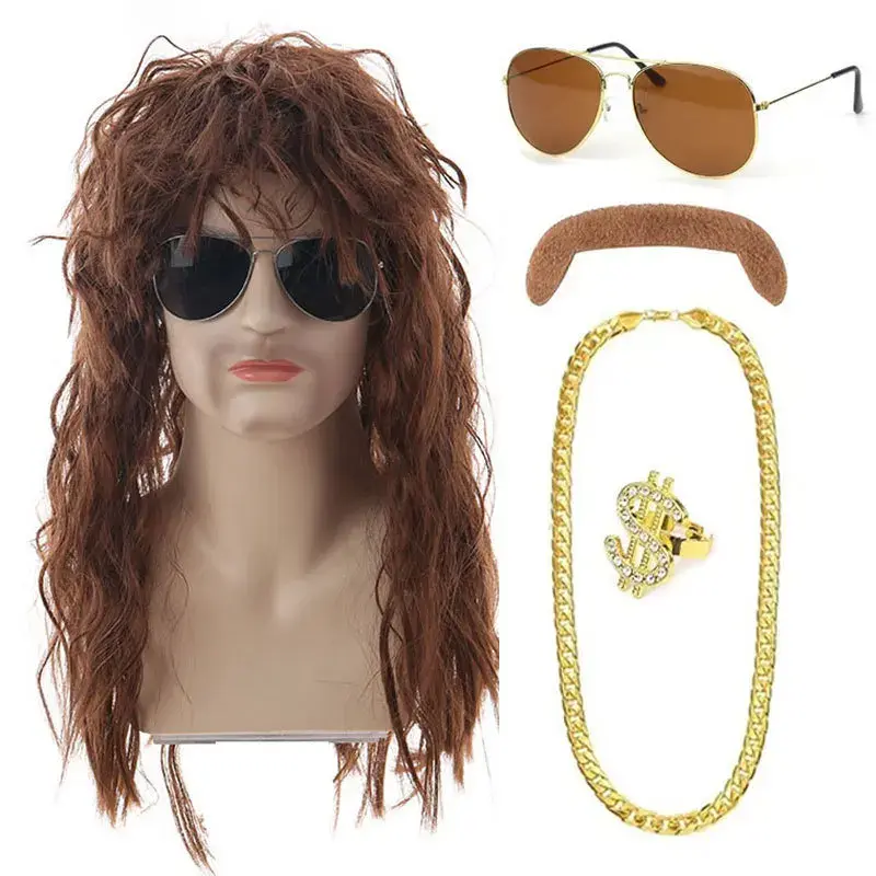 Men's Punk Cosplay Wig Set Cross-Border Hippie Hip Hop Heavy Metal Rock Wig Kit Fake Hair Extension Anime Reality Show Mechanism