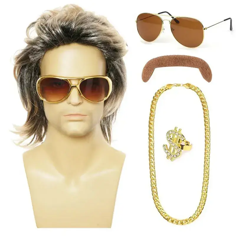 Men's Punk Cosplay Wig Set Cross-Border Hippie Hip Hop Heavy Metal Rock Wig Kit Fake Hair Extension Anime Reality Show Mechanism