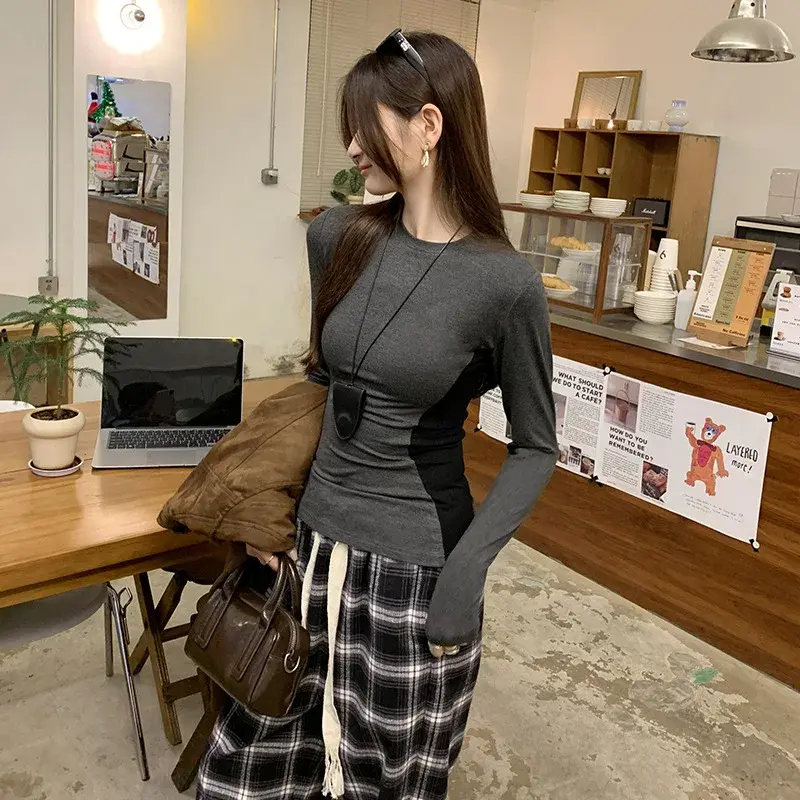 Slimming Long Sleeve T-Shirt Women's Base Shirt Patchwork Color Block Waist Cinched Autumn Winter New Style Spicy Girl Inner Wea