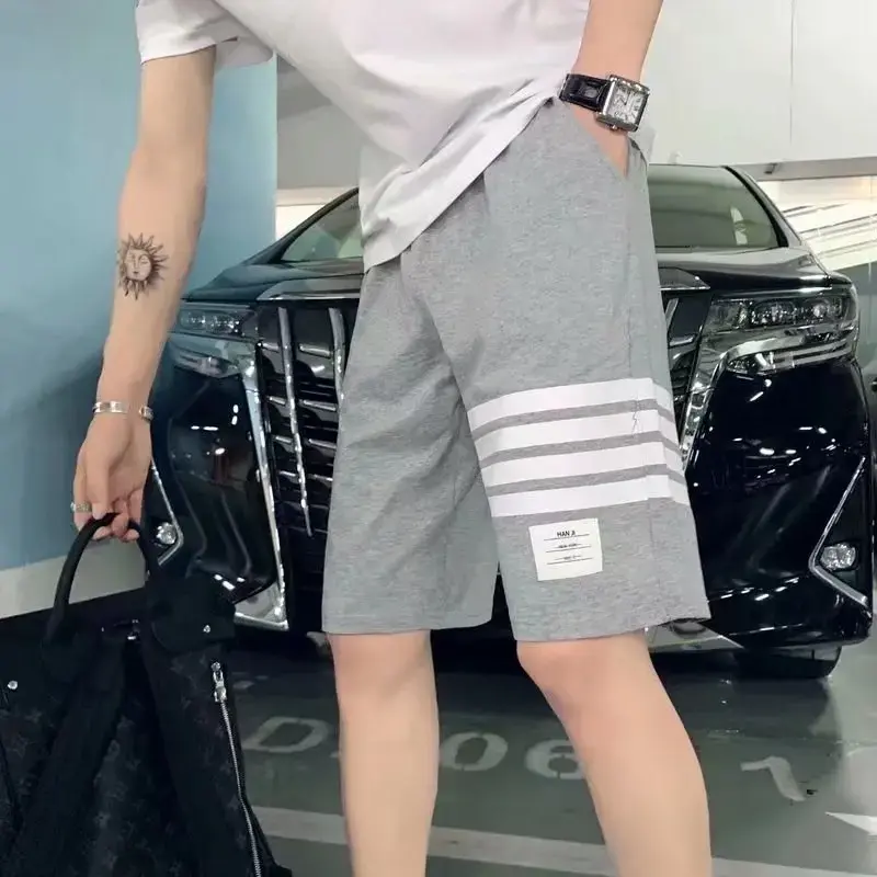 2022 New Casual Shorts Men's Summer Sports Fashion Couple Striped Waist Baggy Pants Thin Style Four Barrels Elastic Waist