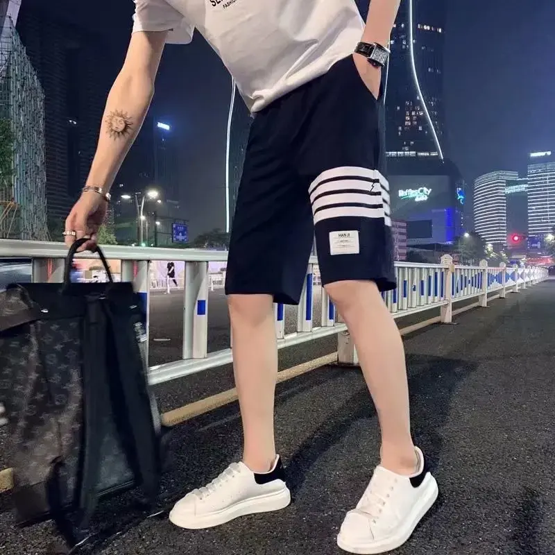 2022 New Casual Shorts Men's Summer Sports Fashion Couple Striped Waist Baggy Pants Thin Style Four Barrels Elastic Waist