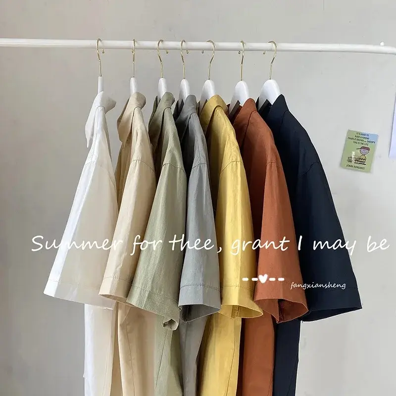 Summer Solid Color Short Sleeve Men's Shirt Loose Fit Japanese Workwear Half Sleeve Top Hong Kong Style White Trendy Casual Shir