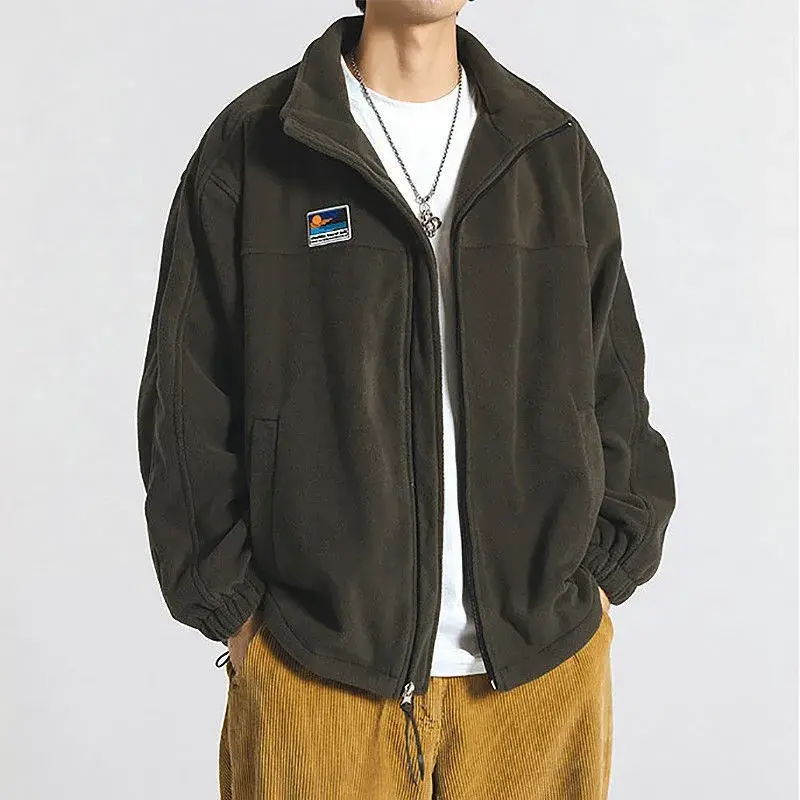 Japanese Style Lamb Wool Jacket Fleece Sweatshirt Men's Autumn/Winter Couple Stand Collar Flocking Student Outerwear Casual Jack