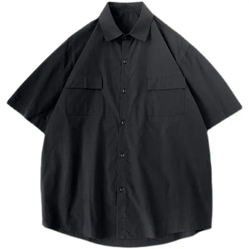 Summer Solid Color Short Sleeve Men's Shirt Loose Fit Japanese Workwear Half Sleeve Top Hong Kong Style White Trendy Casual Shir