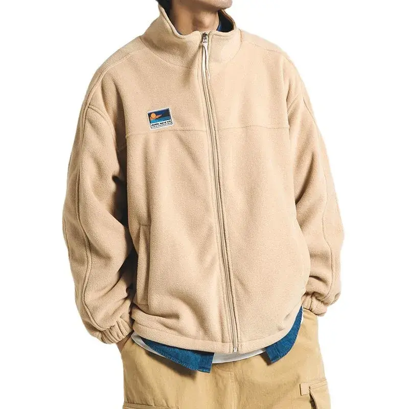 Japanese Style Lamb Wool Jacket Fleece Sweatshirt Men's Autumn/Winter Couple Stand Collar Flocking Student Outerwear Casual Jack