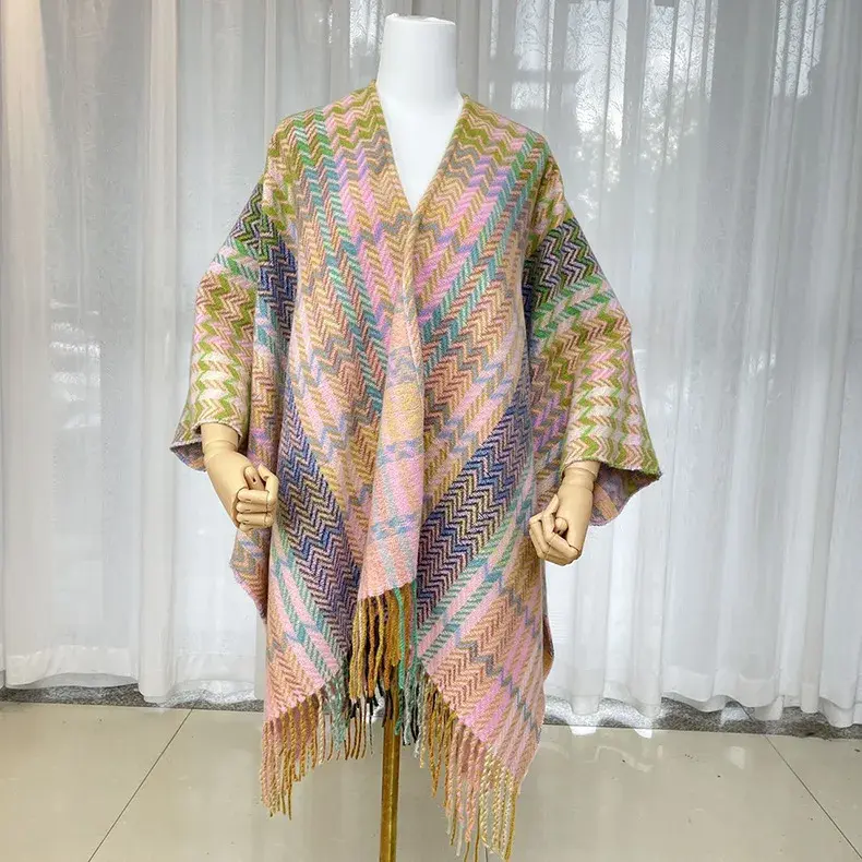 2023 New Colorful Ethnic Style Women's Side Slit Fringed Scarf Warm Mantle Winter Travel Outerwear Other Material
