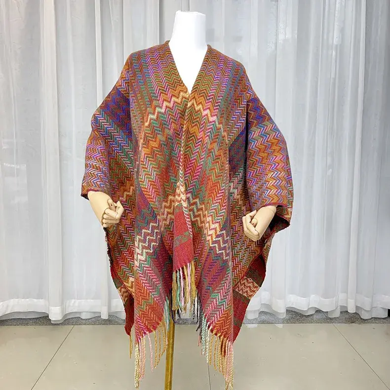 2023 New Colorful Ethnic Style Women's Side Slit Fringed Scarf Warm Mantle Winter Travel Outerwear Other Material