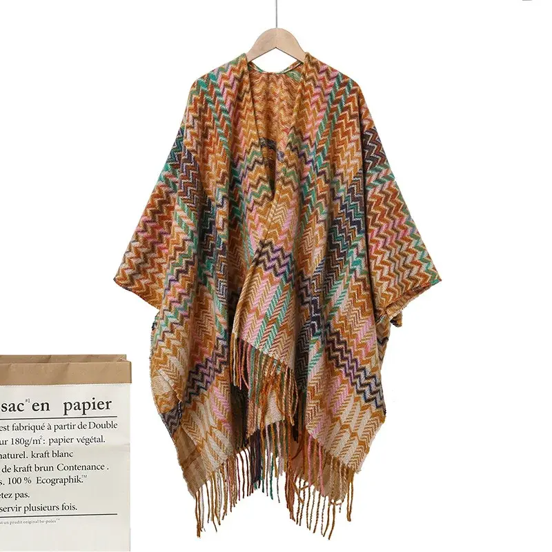 2023 New Colorful Ethnic Style Women's Side Slit Fringed Scarf Warm Mantle Winter Travel Outerwear Other Material