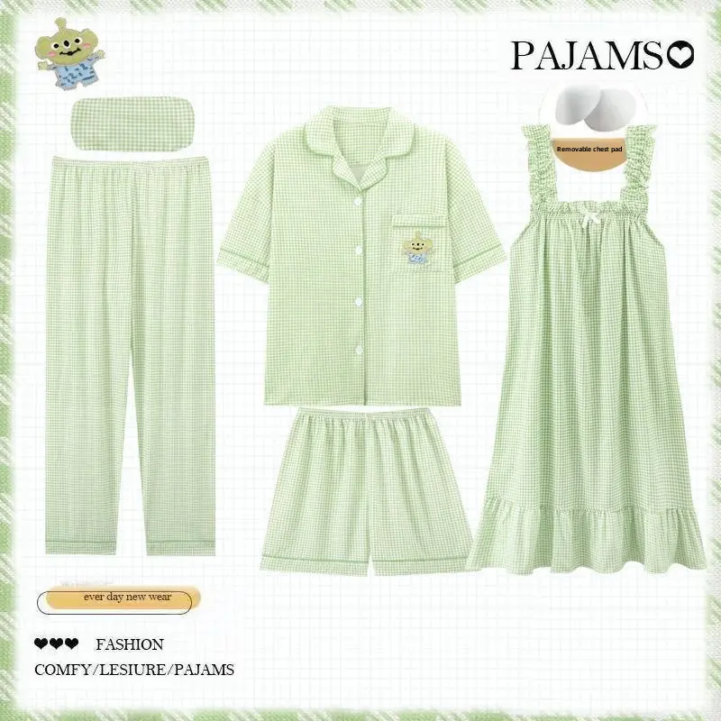 High-end Feel Women's Pajama Set Four-piece Spring Autumn Chest Pad Plus Sizes Shorts Cartoon Outerwear Home Clothes Suite