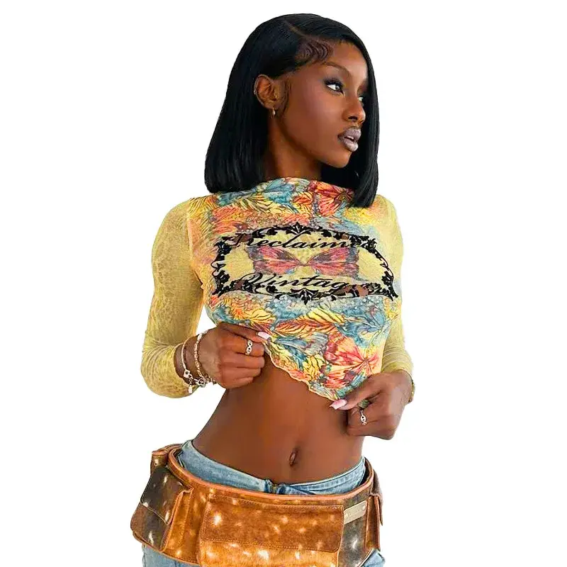 Sexy Fashionable Long Sleeve Printed T-Shirt Women's Top Q24TP580 Autumn Wear Cross-Border New Arrival Crew Neck Tee